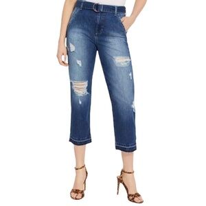 New! GUESS 1981 High Rise Belted Straight Leg Crop Distressed Raw Hem Jeans